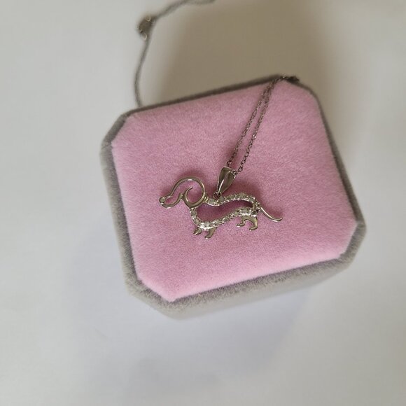 Dog Diamond Sterling Pendant Necklace Dachshund Weenie Doxie Dog Lover - Picture 14 of 16